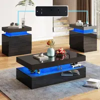 Modern High Gloss 3-Piece Living Room Table Set: LED Coffee Table, 2 Side Tables with Charging Stations, Black