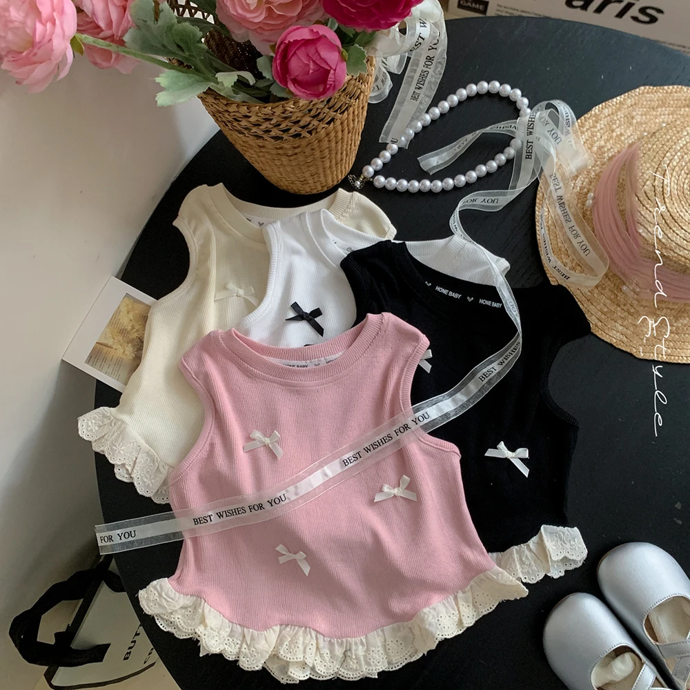 

Kids Girls Cute Sleeveless T-shirts Tops Summer Trendy Bow Lace Patchwork Vest Baby Girl T-shirt Tank Top Children Clothes 1-8Y