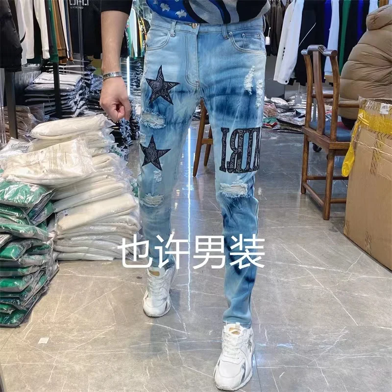 Five-pointed Star Embroidered Word Art Jeans Men's Ripped Casual Slim Cotton Stretch Scratch Blue Gradient Splashing Ink Summer2