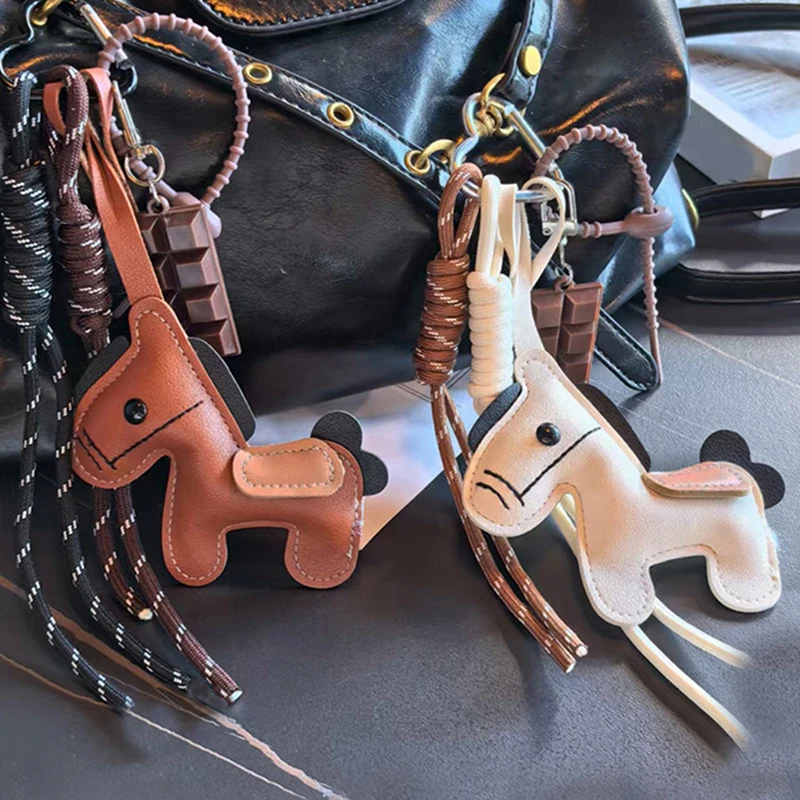 Cute Leather Pony Keychain Ornament Charm Braided Nylon Rope Backpack Pendant For Bag Keychain Accessories Decoration