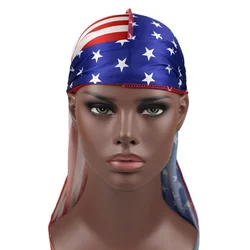 2022 New Star-Spangled Banner Silky Print Turban Hat Wigs Biker Headwrap Chemo Cap Long Tail Braid Pirate Hat Elastic Wrap Hat