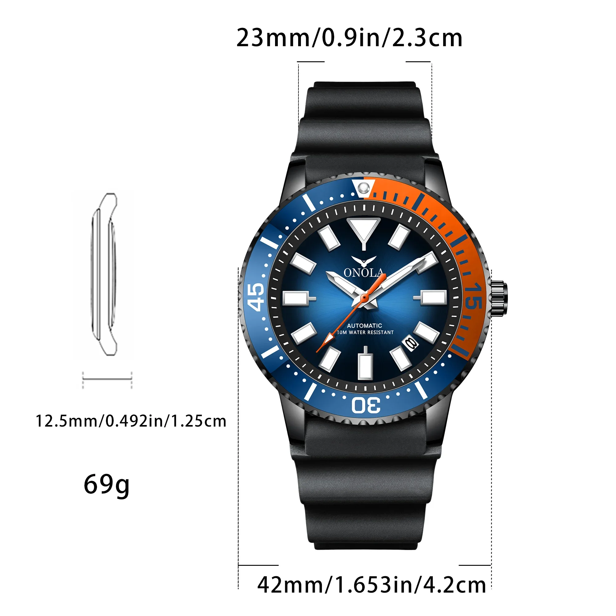 ONOLA Fashion Watches Mens Automatic Date Sports Silicone Strap Wrist Watch Casual Waterproof Quartz Watch For Man Reloj Hombre