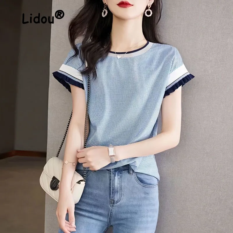 French Style Color Block Wooden Ear Edge Lattice Chiffon Shirt Women Summer Korean Version Loose Short Sleeve O-collar Blouse 1 set wooden furniture scratching repair wax block flooring repair paraffin