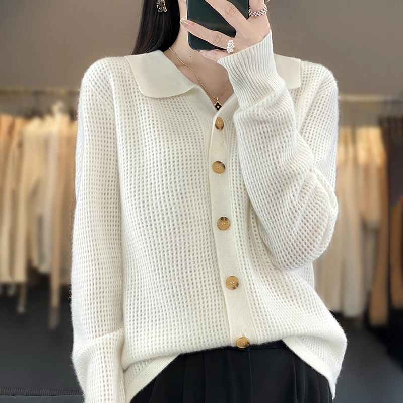 

23 Autumn Winter New Wool Cardigan Women's POLO Neck Long Sleeve 100% Pure Wool Loose Solid Color Fashion Mesh Knitted Cardigan