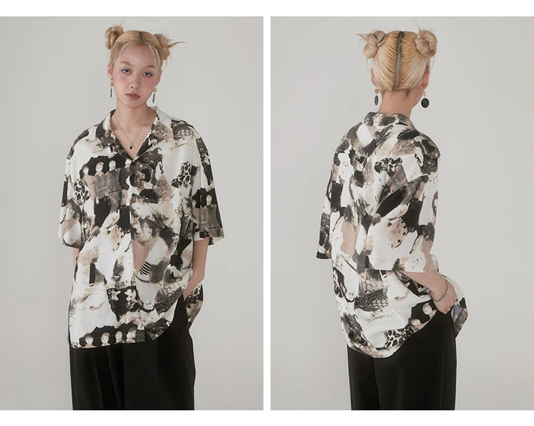 Black and White Portrait Blooming Printed Short-Sleeved Shirt Summer Loose T-shirt