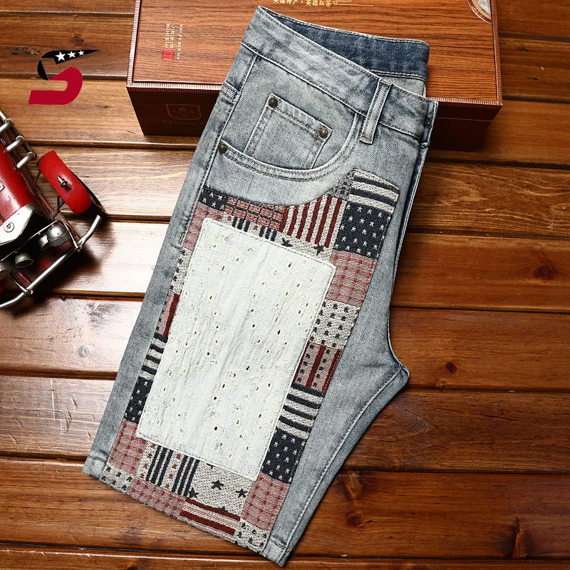 Summer Retro denim shorts men's patch slim stretch fashion Korean style trends personality street motorcycle shorts