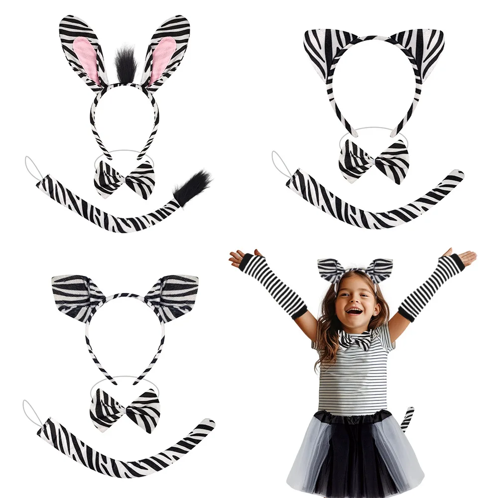 Animal Zebra Set Ears Tail Bow Tie Fancy Dress Accessories for Kids Women Party Props Birthday Halloween Costume Cosplay Sets