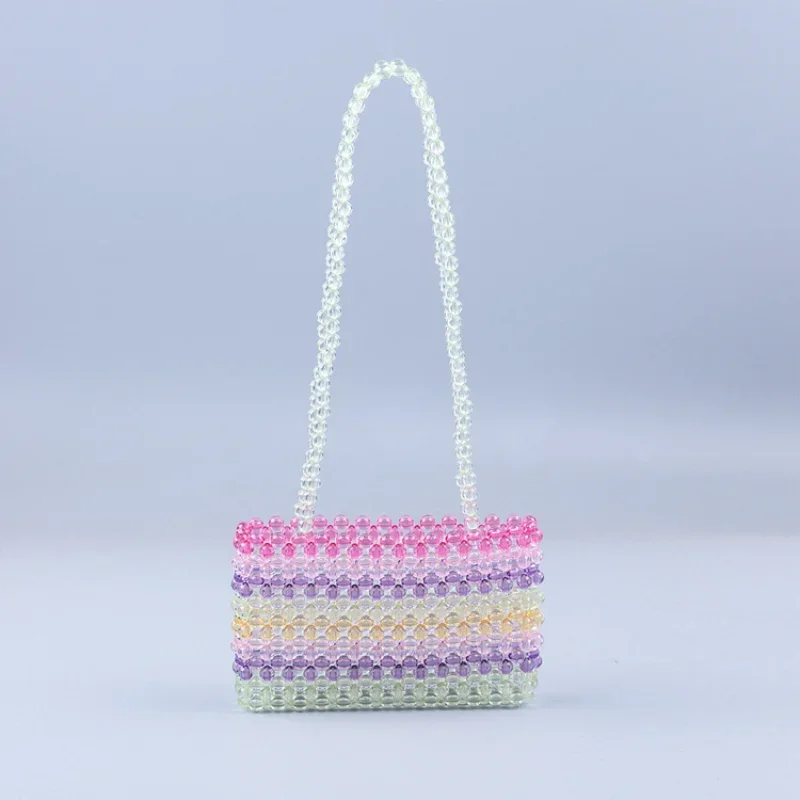 

Colorful Handwoven Beaded Ladies Handbag New Rainbow Stripe Women's Bags Fashionable Summer Small Fresh Underarm Shoulder Bag