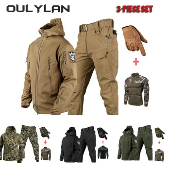 2024 Outdoor Men's Tactical Set Warm Shark Skin Set Mountaineering Suit Gloves Jacket T-shirt Pants Set for Spring Autumn Winter 2