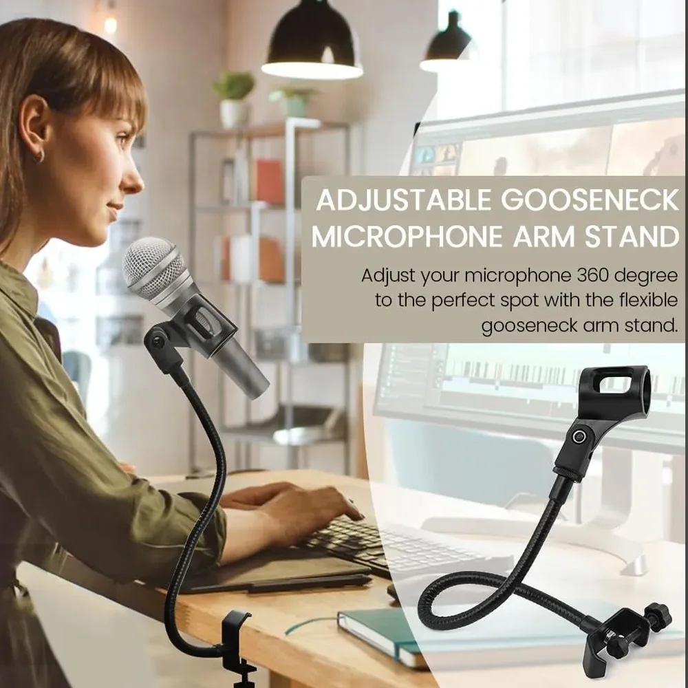 Microphone Stand Metal Table Clamp with Clip 360 Adjustable Flexible Gooseneck Universal Desk Microphone Arm Stand Podcast