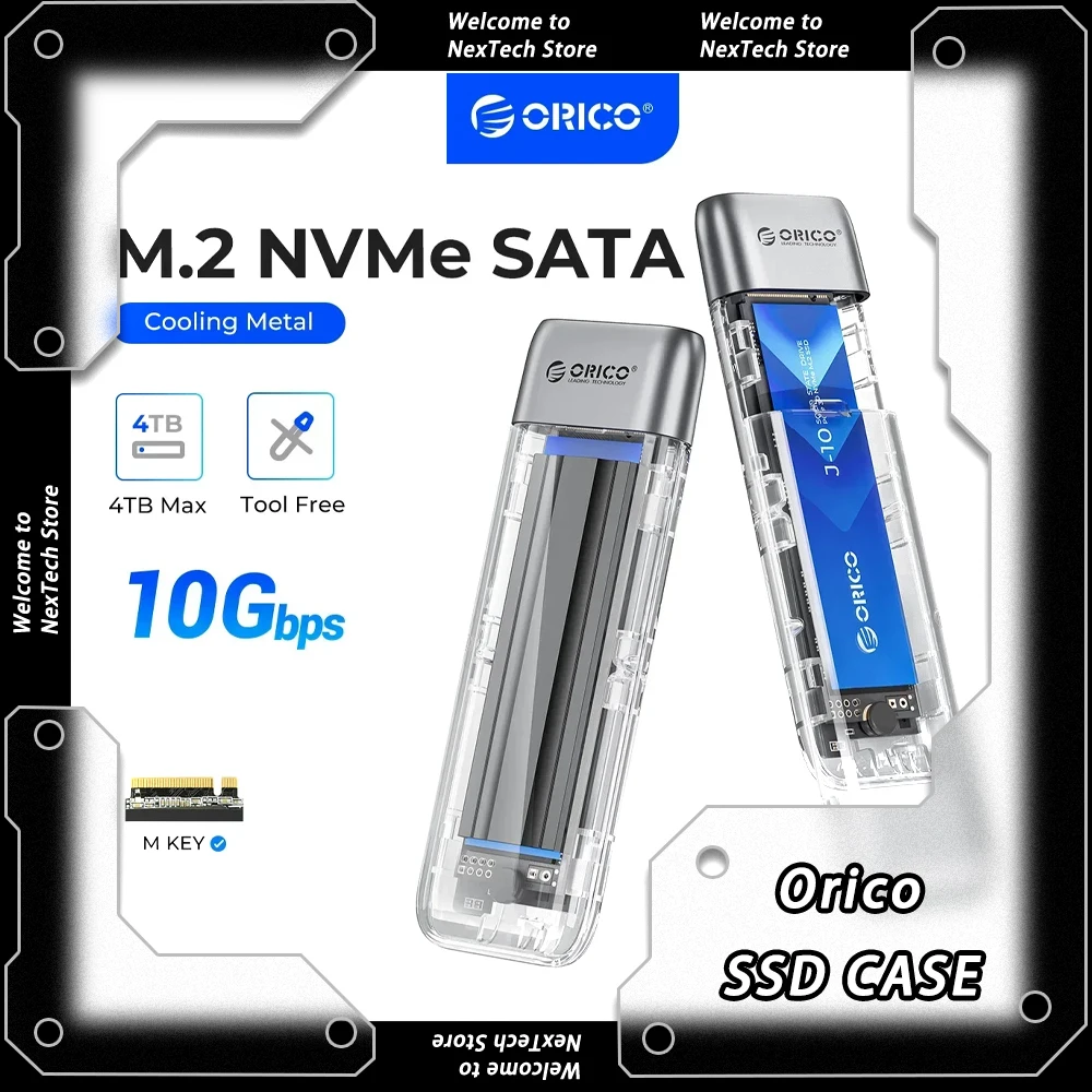 ORICO Boîtier SSD M.2 NVMe & SATA USB 3.1 Gen2 10Gbps Transparent - Compatible 2230/2242/2260/2280 Jusqu'à 2To, Bleu