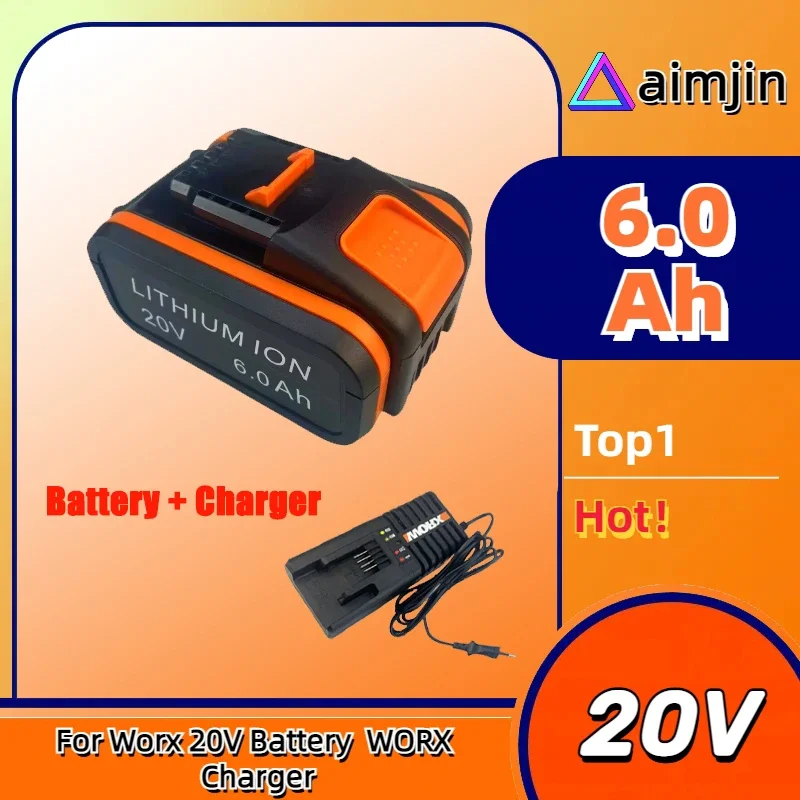 

For Worx Tool 6.0Ah 20V Li-ion Battery WA3553.2 WX390 WA3572 WX367 + Charger 18650 battery