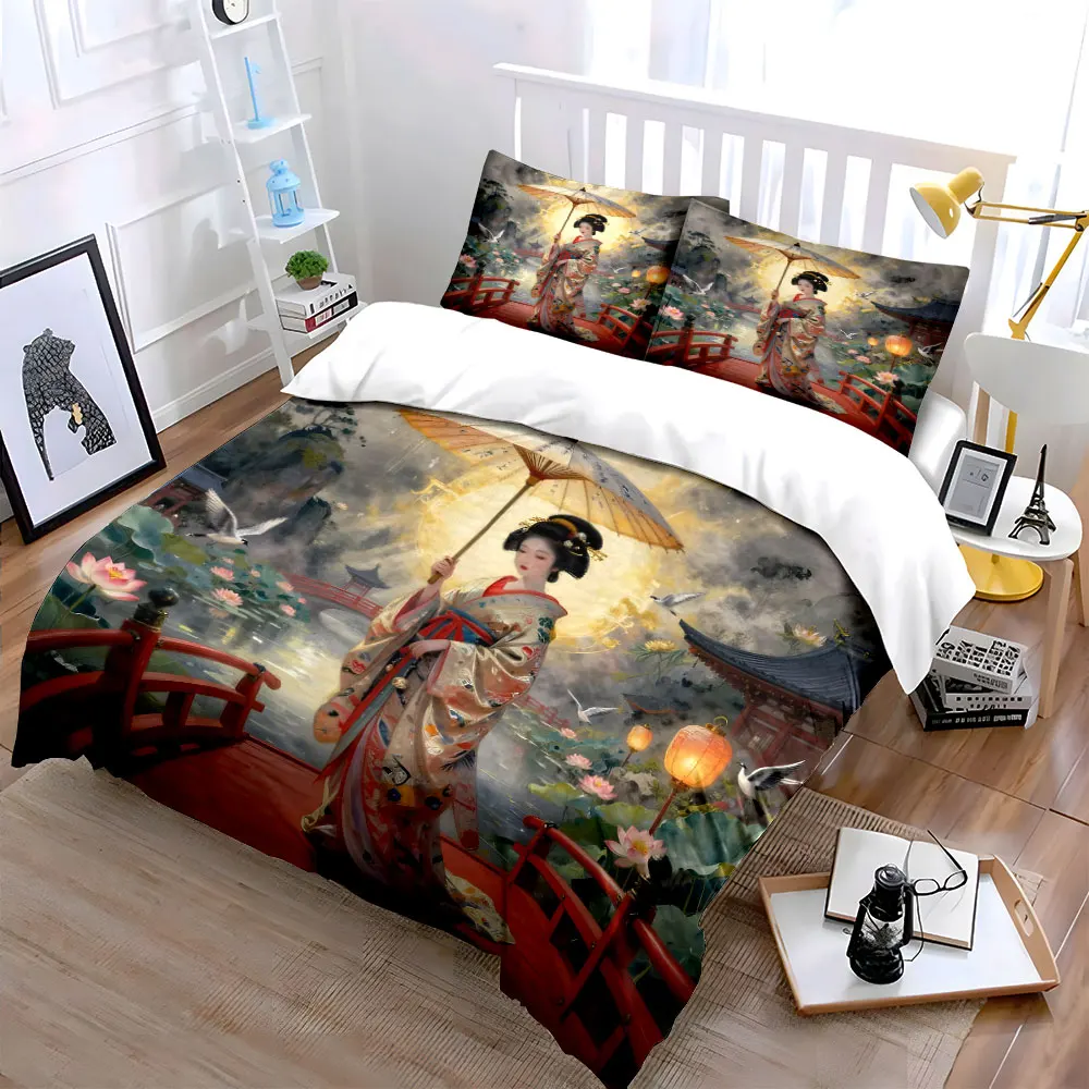 Woman in kimono holding umbrella Printed Duvet Cover Set1 Duvet Cover+2 PillowcaseMulti Size Bedroom Bedding Decor 2