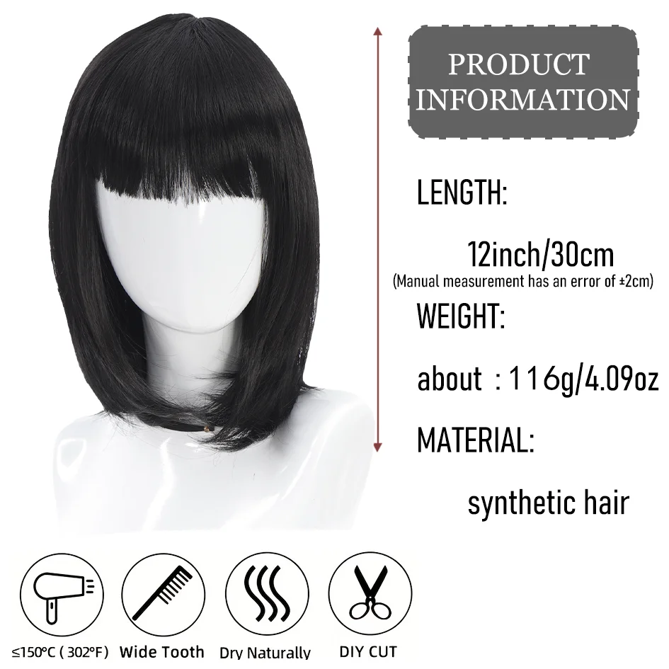 Synthetic 12inch  Short black Wig for Women Natural Black Bob Hair Wig with Bangs colour wig Daily Party Cosplay Christmas gifts