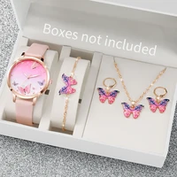 5PCS/Set Women's Watch Fashion Butterfly Dial Leather Band Quartz Watches Jewelry Set（Without Box） 1