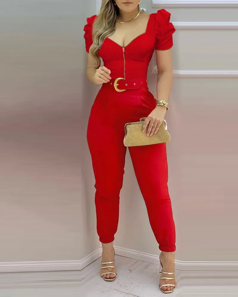 Summer Jumpsuit Women Fashion Zip Front Puff Sleeve with Belt Pencil Pants Office Jumpsuit