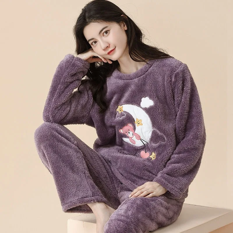2023 New Coral Fleece Pajama Women's Autumn Winter Thick Loungewear Flannel Sleepwear Solid Color Round Collar Loungewear Set