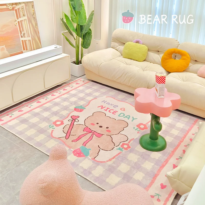 

Cute Girly Bedroom Carpet Large Area Teddy Bear Rabbit Plaid Living Room Rug Cartoon Children's Play Mat Decor Home милый ковер