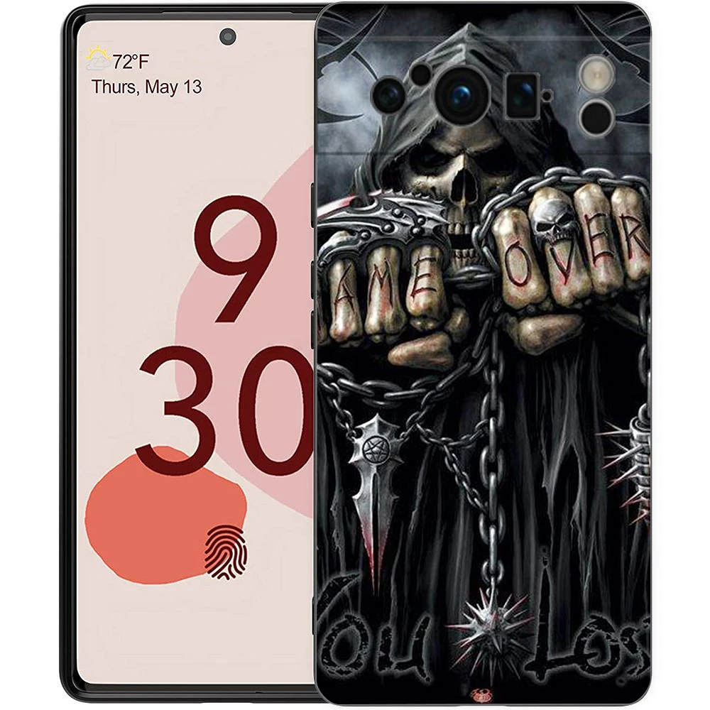 Black Soft Shell Phone Case with Grim Reaper Skull Design
