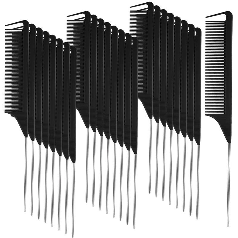 30 Pieces Parting Comb For Hair Rat Tail Comb Steel Pin Rat Tail Carbon Fiber Heat Resistant Teasing Combs