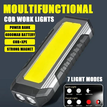 COB 작업등 USB 충전식 LED 손전등, 보조배터리 18650 휴대용 캠핑 램프, 자석 방수 랜턴, 4000mAh