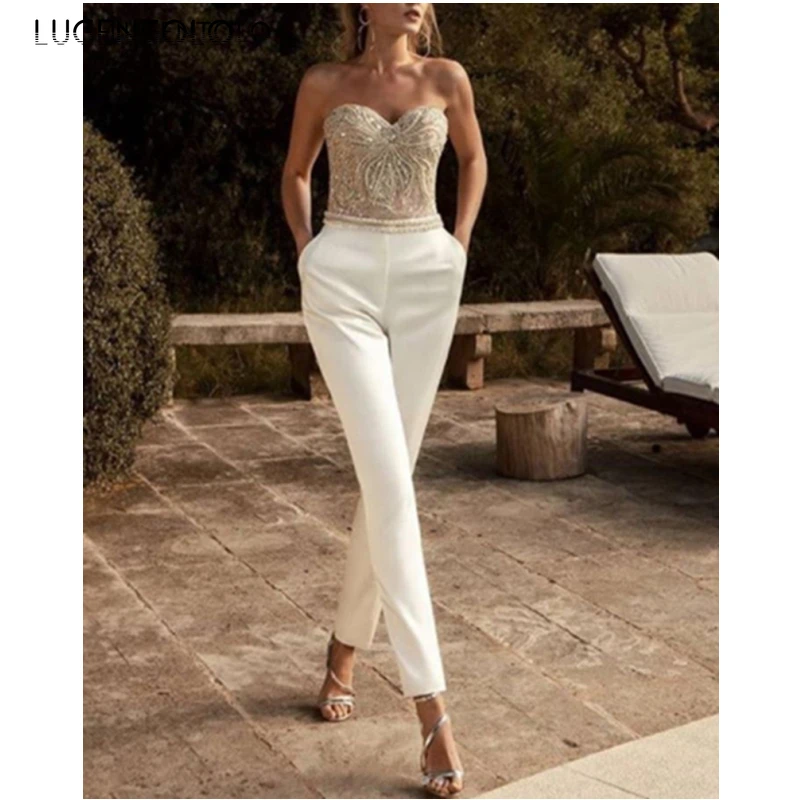 Women Jumpsuit Spring Autumn New Chest Wrapped Sexy Slim Sleeveless Embroidered Sequin Lady Straight Long Jumpsuits Lugentolo women s jumpsuit deep v neck tie bodycon waist shiny sequin long sleeve solid color party short jumpsuit for women