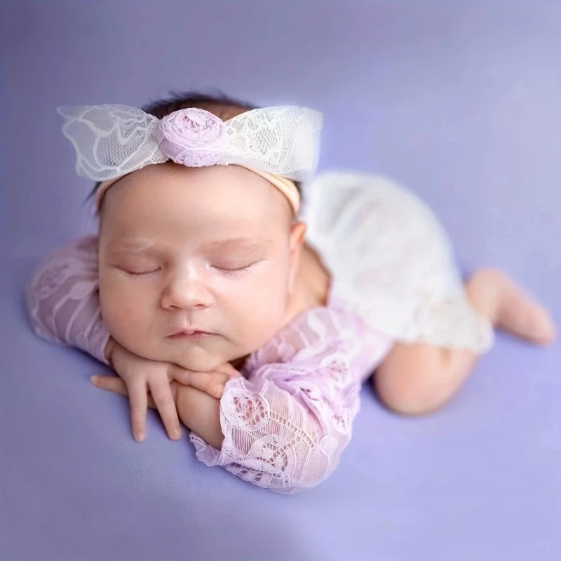 

Infant Photography Romper & Cute Lace Bow Headband Jumpsuit Photo Clothes Set Baby Photoshoot Props Newborn Shower Gift