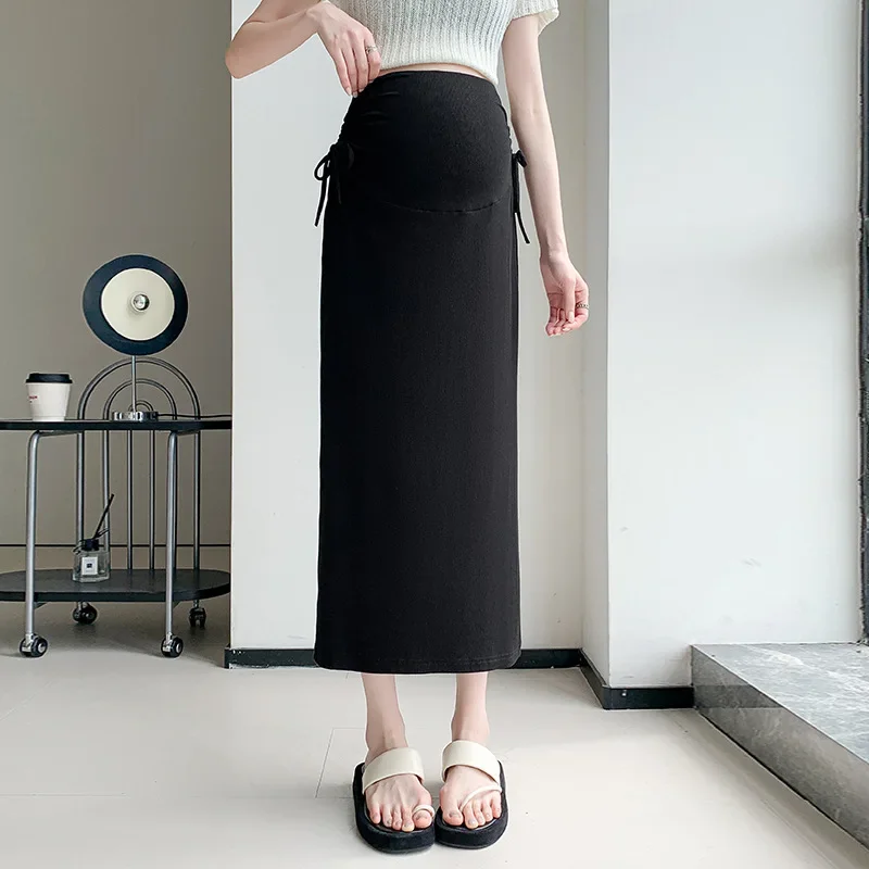 Maternity High Waist Straight Cut Thin Knitted Half Skirt with Drawstring for Summer Fashion Slimming Belly Bump Design