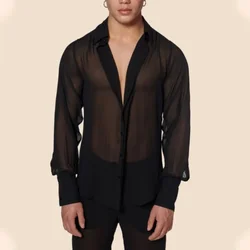 Summer and Autumn Shirt Top Men Mesh See-through Loose Shirt Men Sexy Long-Sleeved V-neck Turn-down Collar Single-Breasted Shirt