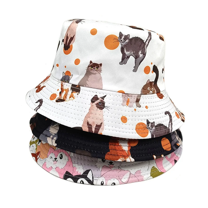 Bocca Cartoon Cat Bucket Hat Cute Animal Printing Pattern Fisherman Hats Double Sides Panama Cap For Men Women Outdo