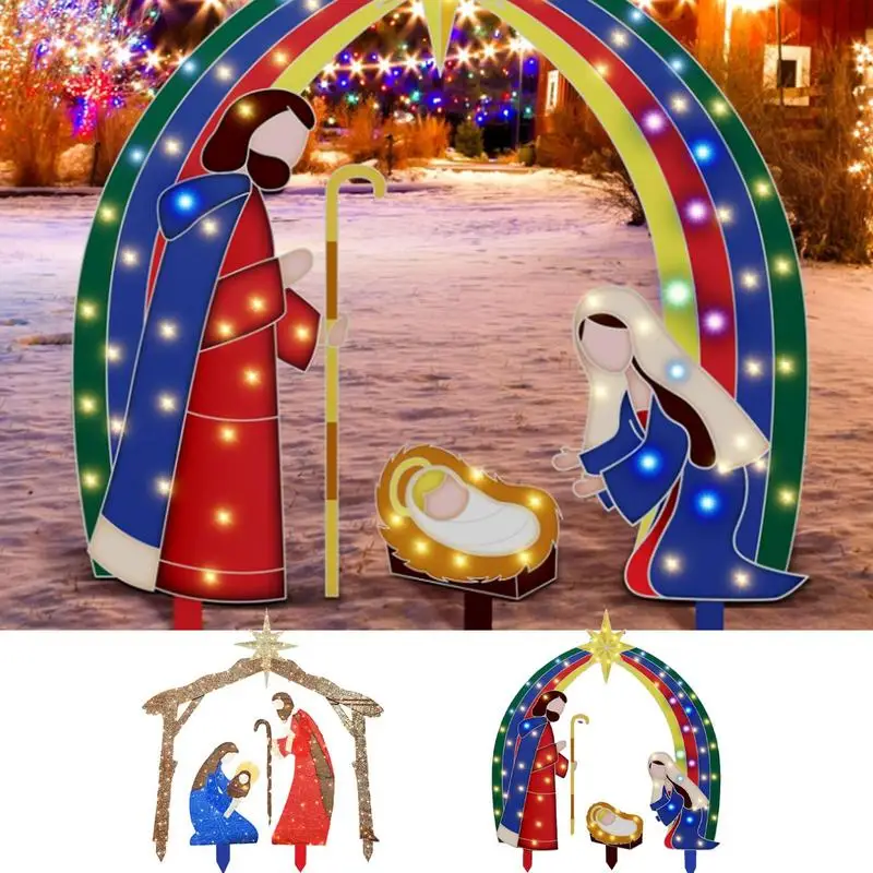 

Outdoor Nativity Scenes LED light Christmas Nativity Set Metal 2D Holy Family Nativity Scene For Courtyard Garden Home Ornament