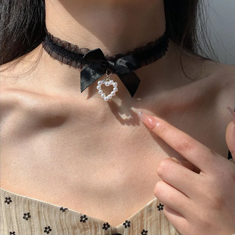 New Cute Collar Lolita's Handmade Vintage Lace Heart Necklace for Women Gothic Bow Knot Necklace Girls Uniform Accessories_voghion.com