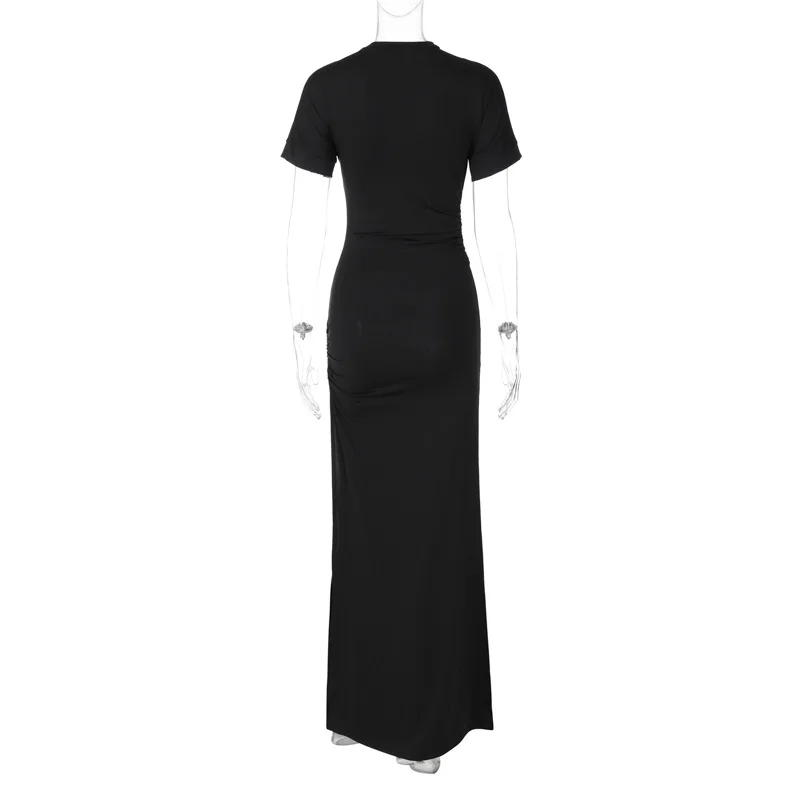 Women's Elegant O Neck Maxi Dress Short Sleeve Slim High Waist Shirring Dress Sexy Side Slit Evening Club Bodycon Dress Lady