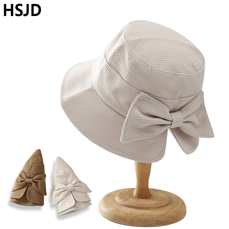 

Female Fashion Bow Sun Hats Spring Beach UV Protection Fisherman Visor Lightweight Wide Brim Bowknot Sun Bucket Hat For Women