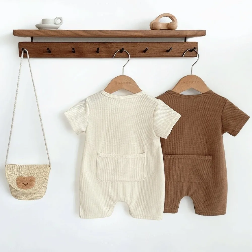 Short Sleeve Baby Romper Pure Cotton Soft Fabric Cartoon Bear Bodysuit Waffle Texture Cute Bear Design Waffle Patch Jumpsuit