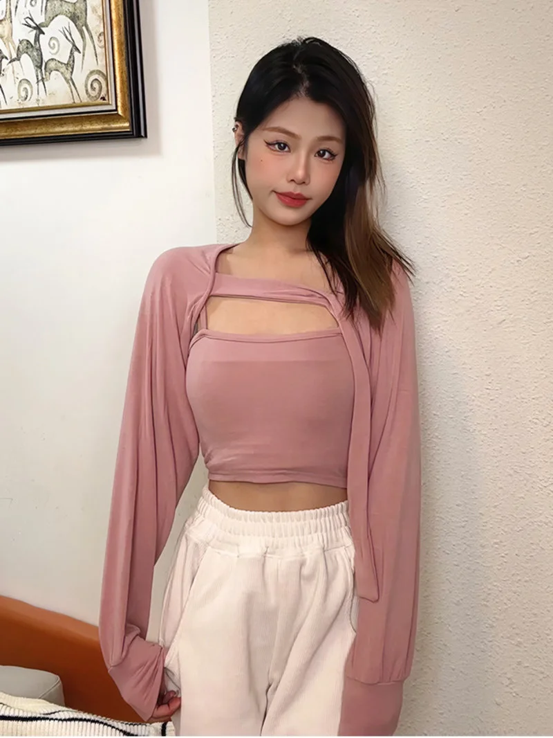 

Корейская Сексуальная Женская майка + короткая футболка с длинным рукавом, футболки из двух частей розового цвета, модная женская Милая футболка, C850, 2023