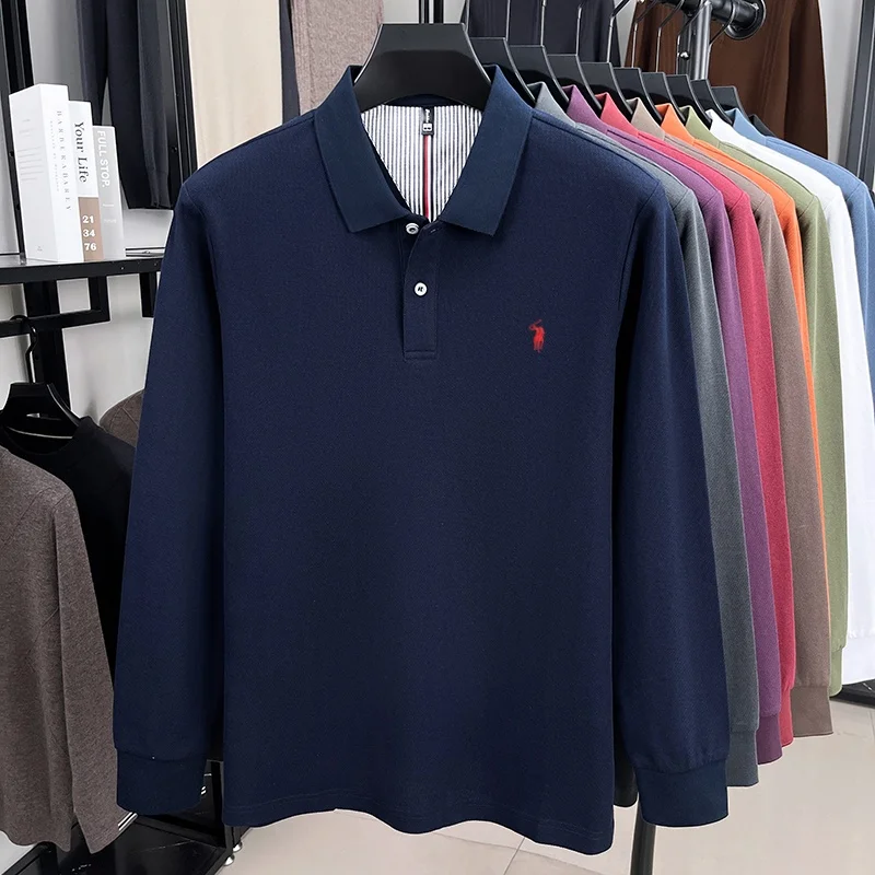 100% pure cotton autumn and winter men's fashion sports brand embroidered pony long sleeved POLO shirt business casual T-shirt 2