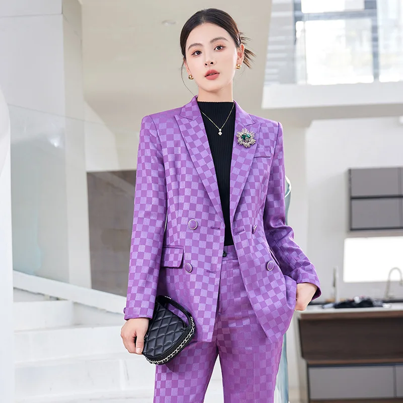 

Tesco Casual Women Pantsuit 2PCS Double Breasted Blazer Flare Pant Plaid Suit Set Formal Office Lady Chic Business ropa de mujer