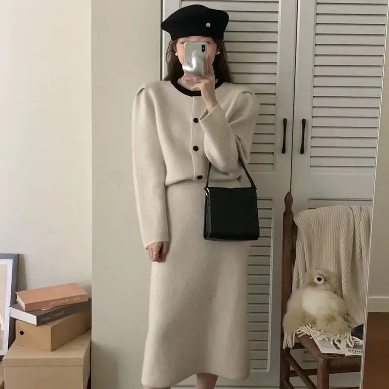 Korean Autumn Winter Women's New Gentle Solid Color Sweater Cardigan+Half Skirt Suit Pure Desire Style Knitted Two Piece Set