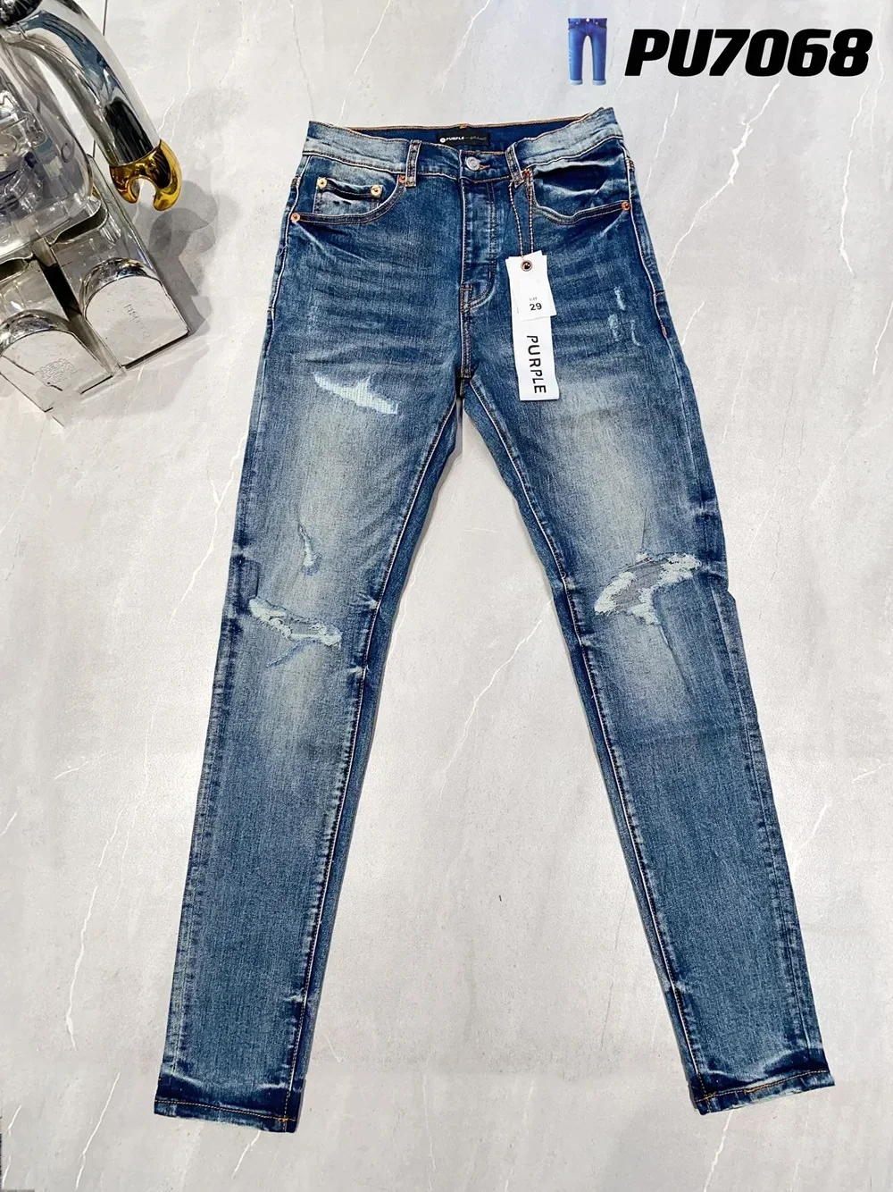 

Purple Brand Men's Slim Fit Paint Print Distressed Streetwear Damaged Ripped Stretch Blue Denim Jeans Pants