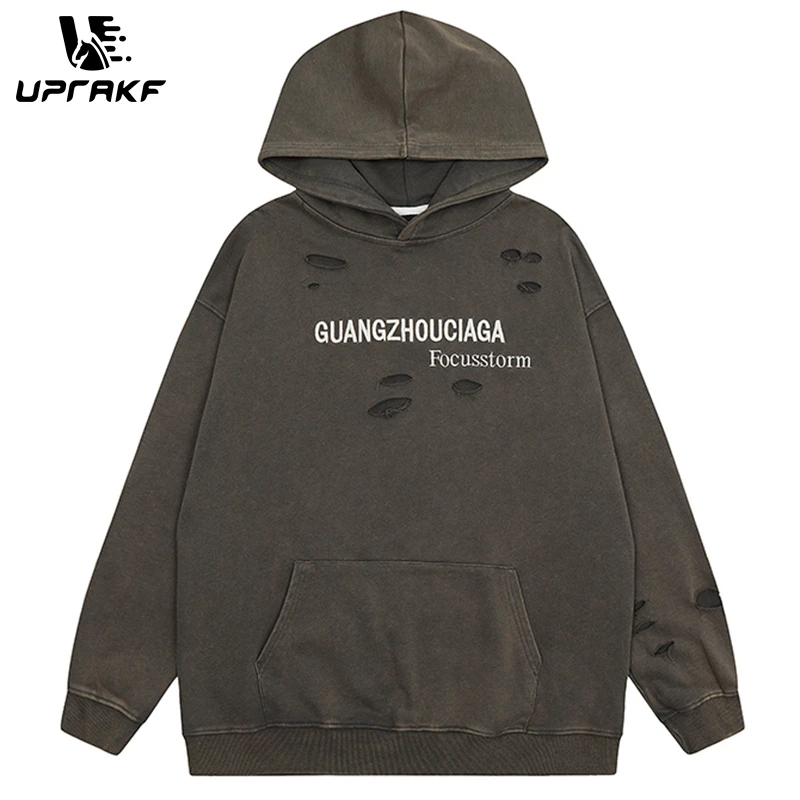UPRAKF Washed Hole Hoodie Letter Embroidery Streetwear Pullover Oversize Casual Cotton High Street Autumn Vintage Tops Fashion