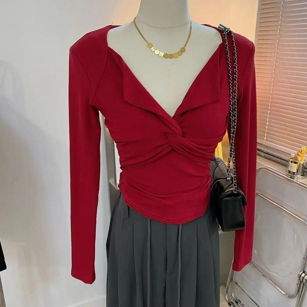 

BEENLE Big V-neck Tees Chest Knot Sexy Slim Skinny Bottoming Shirt Long-sleeved Pullover T-shirt Woman Autumn Winter Blouses