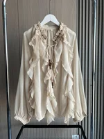 ETJ Spring 2025 New  Women's Fashion Translucent fabric beaded rivets decorated V-neck lace ruffled romantic shirt - Image 2