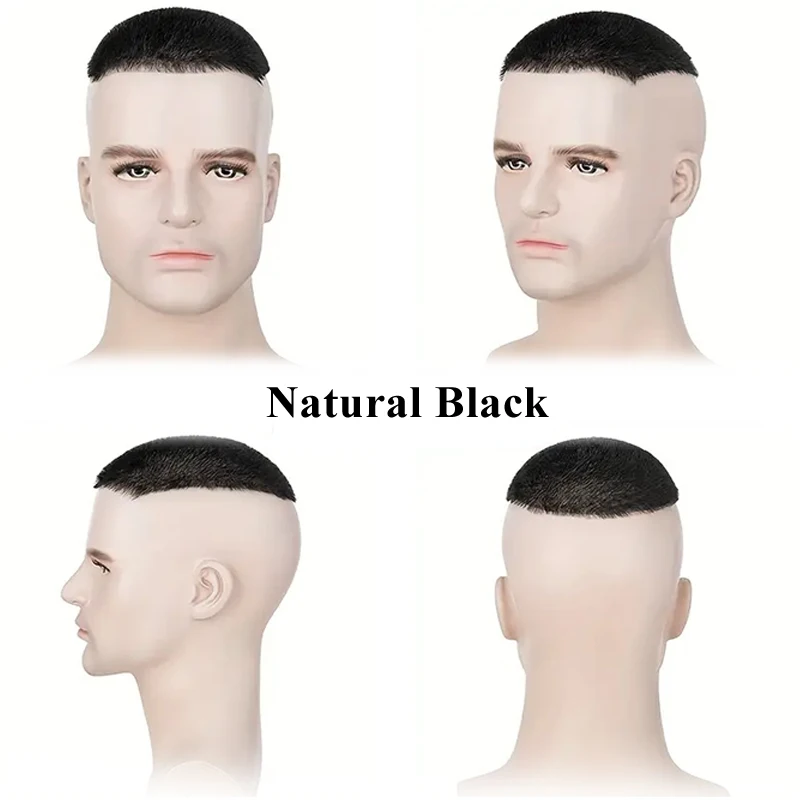 Capelli umani al 100% Nero Buzz Cut Parrucchino per uomo Ultra sottile Traspirante 15 * 20 cm PU Topper Accessorio per capelli quotidiano dall'aspetto naturale - immagine 5