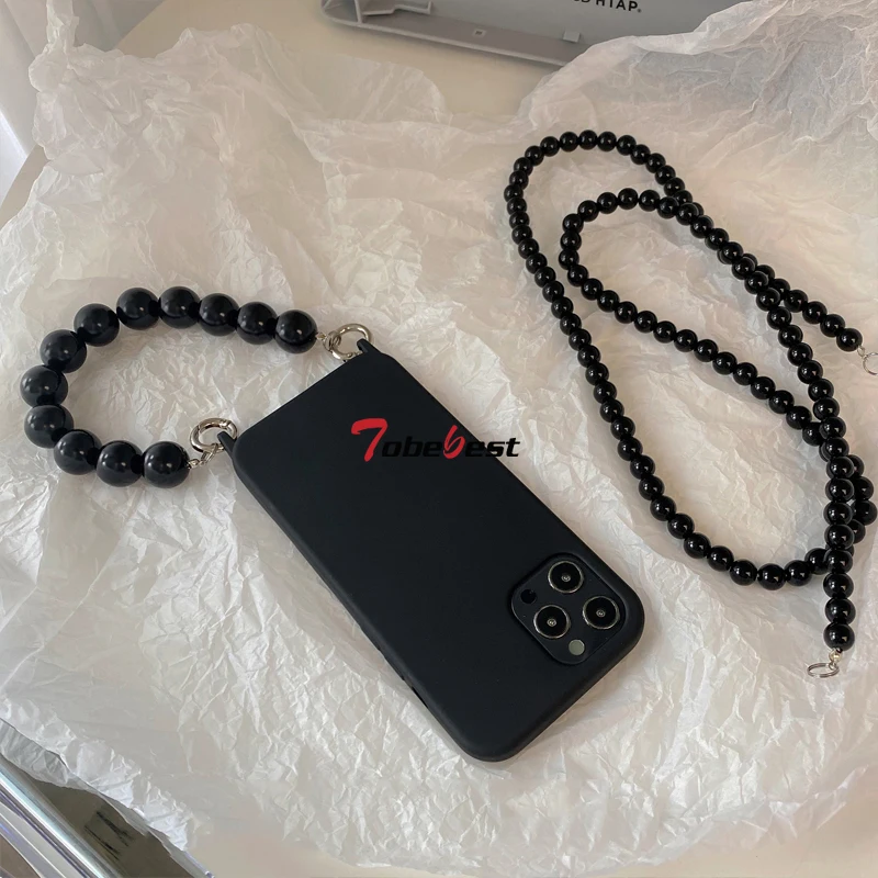 INS Crossbody Lanyard Necklace Silicone Phone Case with Round Bead Chain