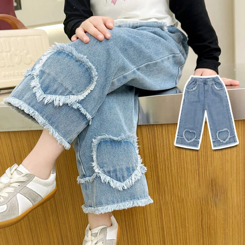Girls Wide Leg Embroidered Jeans Pants for Kids