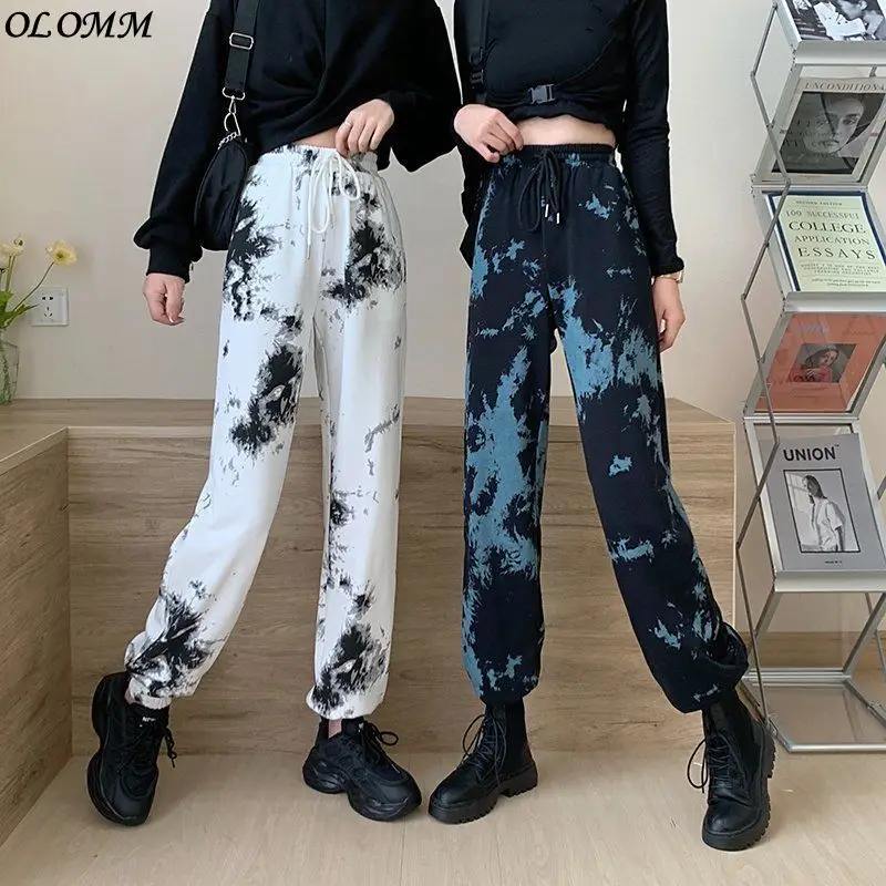 

Student Black Cargo Pants New Style Tie-dyed Female Trend Casual Girl High Waist Slim Leggings Gothic Harajuku Trousers Fashion