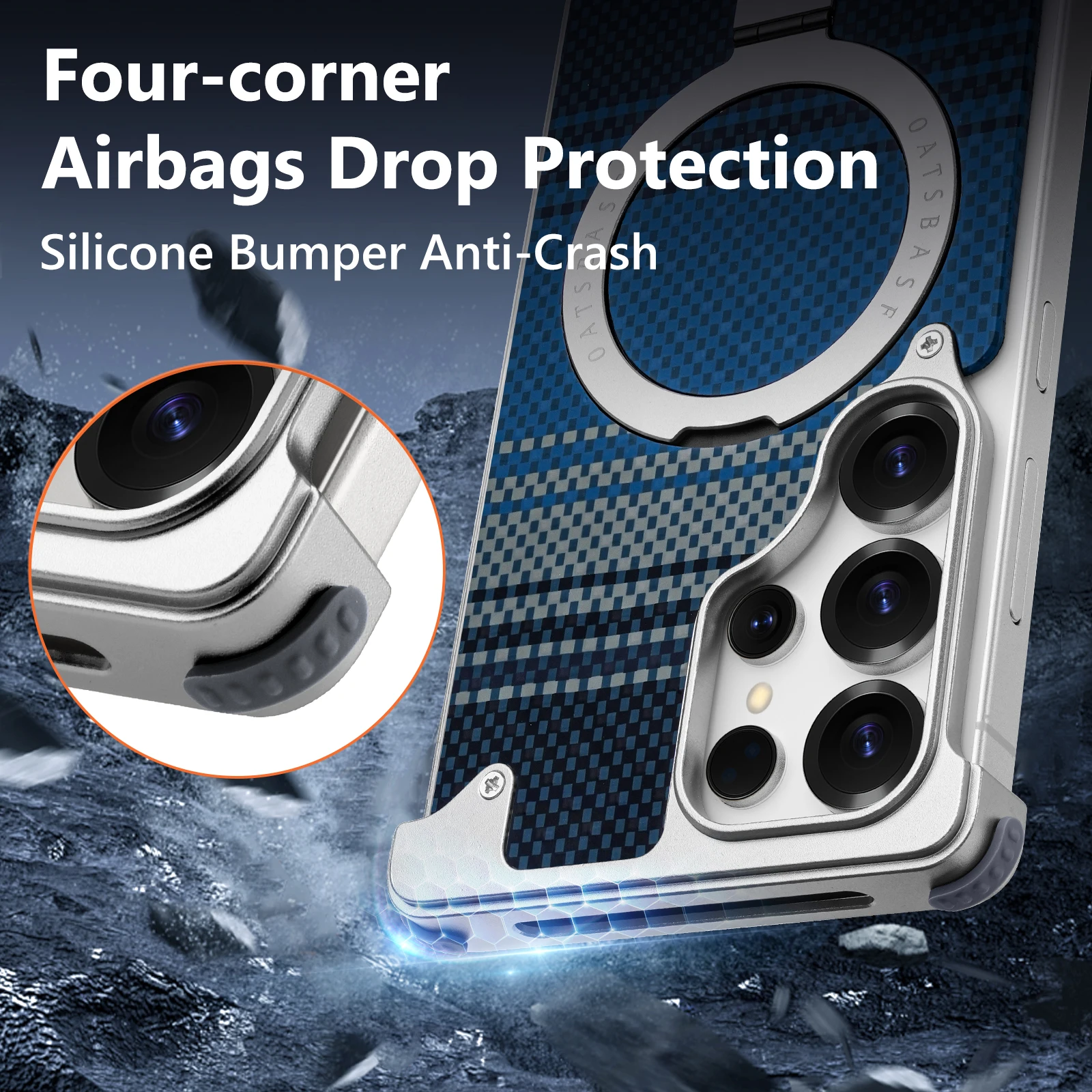 Eary for Samsung Galaxy S25 Ultra Phone Case with Ring Kickstand Kevlar Fiber Texture Cover Shockproof Protector Frameless Shell