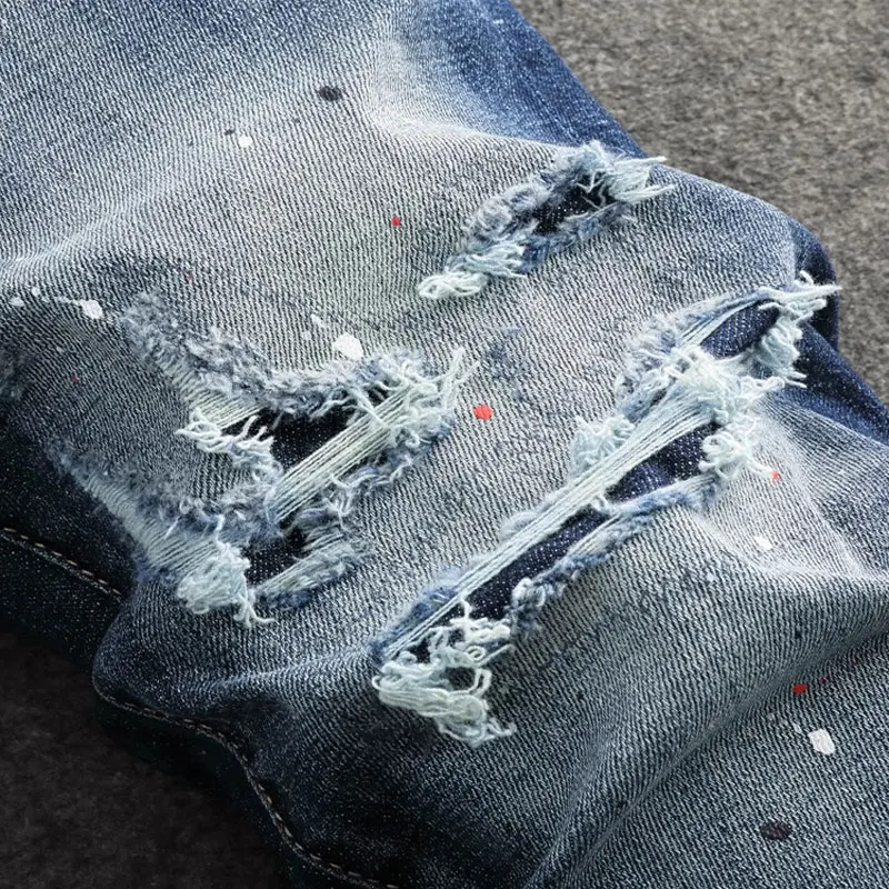 Street Fashion Men Jeans High Quality Retro Blue Stretch Slim Fit Ripped Jeans Men Painted Designer Brand Vintage Denim Pants