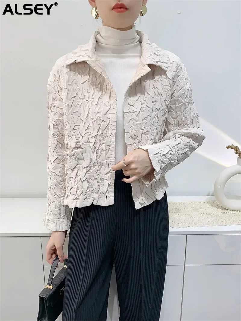 

ALSEY Miyake Heavy Industry Embroidered Cotton Jacket Short Jacket Fall Winter New Thickened Casual Pleated Warm Cotton Jacket